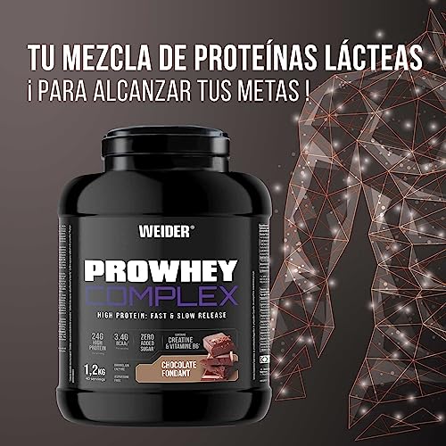 Weider ProWhey Complex (1,2kg) Sabor Chocolate Fondant. Proteínas de Concentrados y Aislados de Lactosuero + Caseína micelar, Con 3,4g BCAA/porción, Creatina, L-Glutamina, MCT, Vitamina B6, Bromelaína