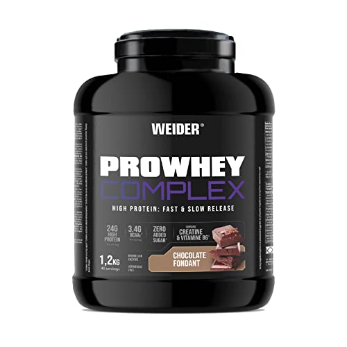 Weider ProWhey Complex (1,2kg) Sabor Chocolate Fondant. Proteínas de Concentrados y Aislados de Lactosuero + Caseína micelar, Con 3,4g BCAA/porción, Creatina, L-Glutamina, MCT, Vitamina B6, Bromelaína