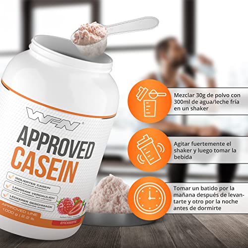 WFN Approved Casein - Fresa - 1 kg - Proteína de caseína con lactasa - Proteína cremosa en polvo - Muy soluble - 33 porciones - Fabricado en Alemania - Probado en laboratorio externo