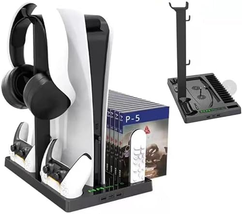 WikiMark Soporte para PS5 con 2 Ventiladores de Refrigeración, Cargador Rápido para 2 Mandos PS5, Soporte para Auriculares PS5, 2 Salidas USB y 1 Salida USB-C Delanteras, Indicadores LED de Carga.