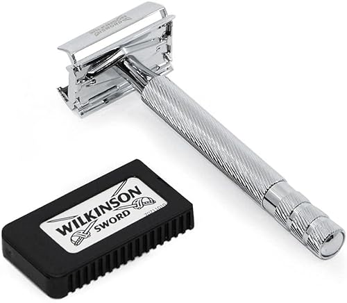 Wilkinson Sword Classic Premium - Máquina de Afeitar Vintage de Acero Cromado para Hombre + 5 Hojas de Afeitar de Doble Filo, Afeitado Clásico Manual, Gris