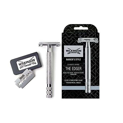 Wilkinson Sword Classic Premium - Máquina de Afeitar Vintage de Acero Cromado para Hombre + 5 Hojas de Afeitar de Doble Filo, Afeitado Clásico Manual, Gris