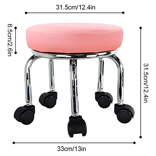 WKWKER Pequeño taburete rodante PU Cuero 360 ° Giratorio Taburetes redondos bajos con ruedas giratorias universales para masaje en el hogar Jardín Oficina Garaje Tienda Fitness Sport, H: 31.5cm (Rosa)