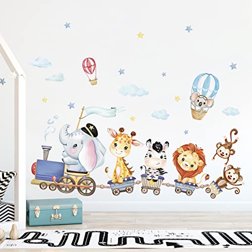 wondever Pegatinas de Pared Safari Animales Tren Adhesivos Pared Decorativos Animales de la Jungla Elefante Jirafa Vinilos Pared para Habitación Infantiles Niños Bebés Guardería