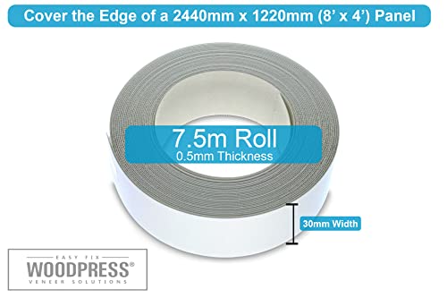 WoodPress® Cinta de melamina blanca mate de 30 mm, cinta de chapa prepegada, rollo de 7,5 m, planchar para una fácil aplicación de bricolaje, cubrirá el borde de un panel de MDF estándar