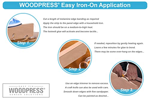 WoodPress® Cinta de melamina blanca mate de 30 mm, cinta de chapa prepegada, rollo de 7,5 m, planchar para una fácil aplicación de bricolaje, cubrirá el borde de un panel de MDF estándar