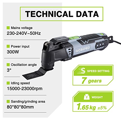 WORKPRO - Herramienta multifunción oscilante, 300 W, 7 velocidades ajustables, 17 accesorios, ángulo de oscilación de 3°, mecanismo de cambio rápido de hoja para aserrar, raspar, moldear, pulir