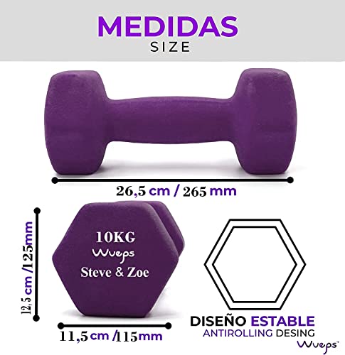 Wueps™ | Pesas y Mancuernas de Neopreno (Vendido en Pares) para Hacer tu Gimnasio en casa, Mancuernas con Revestimiento de Neopreno, Mancuernas Antideslizantes (Purpura - 10Kg)