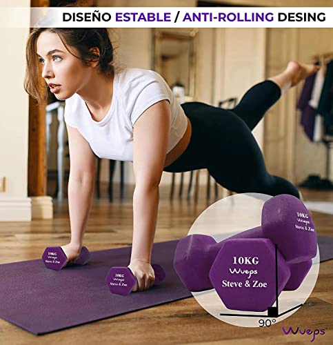 Wueps™ | Pesas y Mancuernas de Neopreno (Vendido en Pares) para Hacer tu Gimnasio en casa, Mancuernas con Revestimiento de Neopreno, Mancuernas Antideslizantes (Purpura - 10Kg)