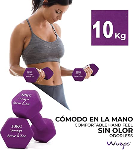 Wueps™ | Pesas y Mancuernas de Neopreno (Vendido en Pares) para Hacer tu Gimnasio en casa, Mancuernas con Revestimiento de Neopreno, Mancuernas Antideslizantes (Purpura - 10Kg)