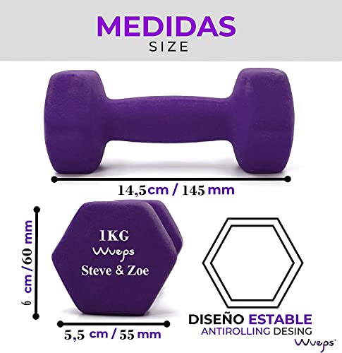 Wueps™ | Pesas y Mancuernas de Neopreno (Vendido en Pares) para Hacer tu Gimnasio en casa, Mancuernas con Revestimiento de Neopreno, Mancuernas Antideslizantes (Violeta - 1Kg)