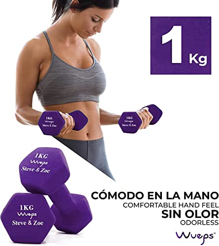 Wueps™ | Pesas y Mancuernas de Neopreno (Vendido en Pares) para Hacer tu Gimnasio en casa, Mancuernas con Revestimiento de Neopreno, Mancuernas Antideslizantes (Violeta - 1Kg)