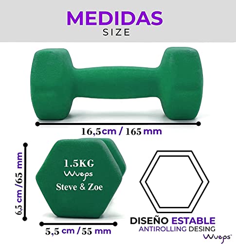 Wueps™ | Pesas y Mancuernas de Neopreno (Vendido en Pares) para Hacer tu Gimnasio en casa, Mancuernas con Revestimiento de Neopreno, Mancuernas Antideslizantes (Verde - 1.5 Kg)