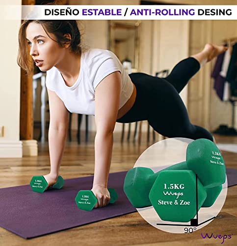 Wueps™ | Pesas y Mancuernas de Neopreno (Vendido en Pares) para Hacer tu Gimnasio en casa, Mancuernas con Revestimiento de Neopreno, Mancuernas Antideslizantes (Verde - 1.5 Kg)