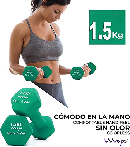 Wueps™ | Pesas y Mancuernas de Neopreno (Vendido en Pares) para Hacer tu Gimnasio en casa, Mancuernas con Revestimiento de Neopreno, Mancuernas Antideslizantes (Verde - 1.5 Kg)