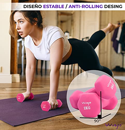 Wueps™ | Pesas y Mancuernas de Neopreno (Vendido en Pares) para Hacer tu Gimnasio en casa, Mancuernas con Revestimiento de Neopreno, Mancuernas Antideslizantes (Rosa/Pink - 2Kg)