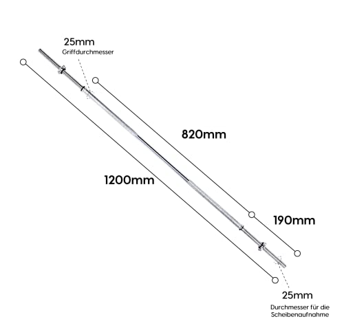 wuuhoo® barra de pesas Henry - 180cm / 150 cm / 120 cm barra de pesas 25mm, barra de acero cromado con cierre de estrella - equipo de fitness para el hogar, capacidad 70 kg - 90 kg 120 cm