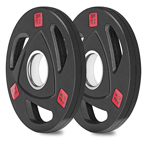 wuuhoo® platos de pesas olímpicas Ray 50mm - juego de 2 pesas, plato de pesas engomado con núcleo de acero y asas, revestido en negro - equipo de fitness para el hogar