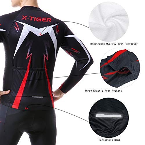 X-TIGER Ropa de Ciclismo de Invierno para Hombre con Pantalón Acolchado de Gel 5D Y Culotte con Tirantes + Conjunto de Camiseta de Ciclismo