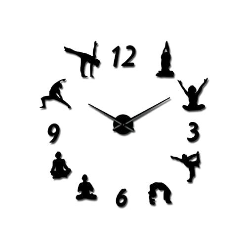 xinxin Reloj de Pared DIY 3D Yoga Time Mirror Gran número Reloj de Pared Adhesivo Deporte sin Marco DIY Reloj de Pared Gigante Fitness Reloj Moderno Decoración