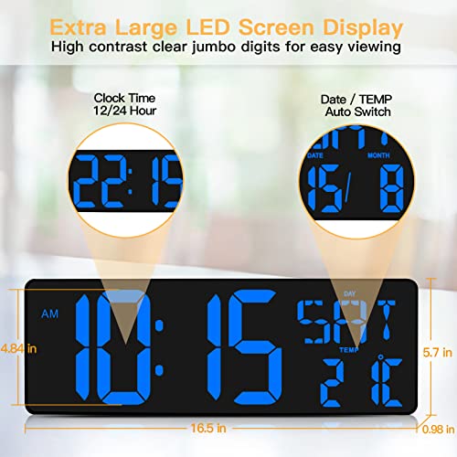 XREXS Reloj de Pared Digital con Control Remoto, 16,5'' Reloj LED Grande, Reloj Despertador con Brillo Ajustable, con Hora/Fecha/Temperatura (Azul)