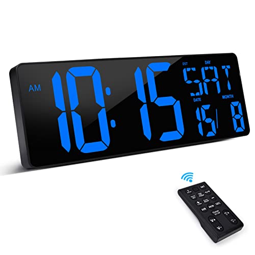 XREXS Reloj de Pared Digital con Control Remoto, 16,5'' Reloj LED Grande, Reloj Despertador con Brillo Ajustable, con Hora/Fecha/Temperatura (Azul)