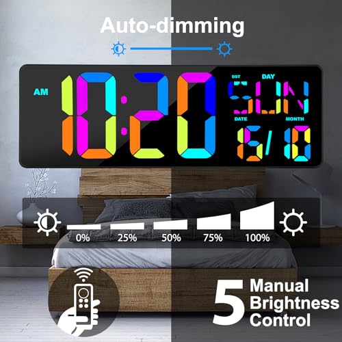 XREXS Reloj Digital Pared Grande con Cambio de Color RGB, 17'' Reloj de Pared Digital LED Brillo Ajustable, Reloj Pared Digital con Control Remoto, Temperatura/Alarma/Fecha/Día (8 Idiomas)/Alarma/DST