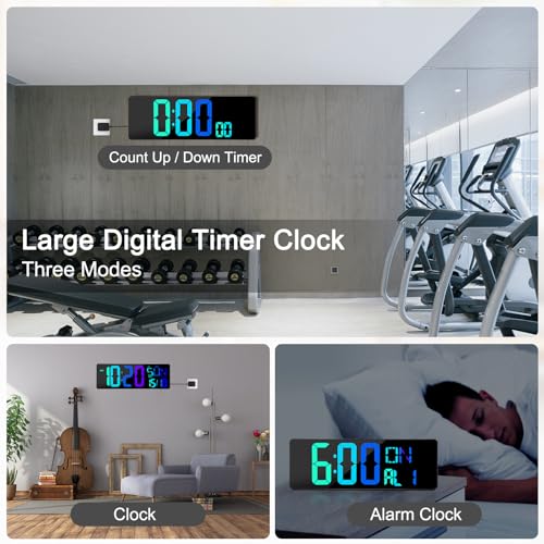 XREXS Reloj Digital Pared Grande con Cambio de Color RGB, 17'' Reloj de Pared Digital LED Brillo Ajustable, Reloj Pared Digital con Control Remoto, Temperatura/Alarma/Fecha/Día (8 Idiomas)/Alarma/DST