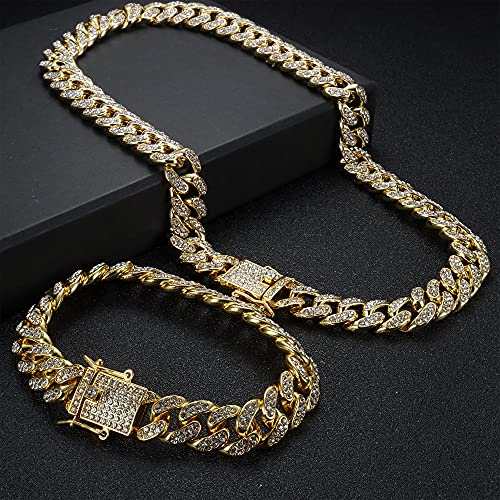 YADOCA Cadena Cubana Miami Cadena Cubanos Collar y Pulsera Oro Plata Hip Hop Aleacion Gargantilla Rapero Collar para Hombres Rock Rapero Música Ropa de Calle