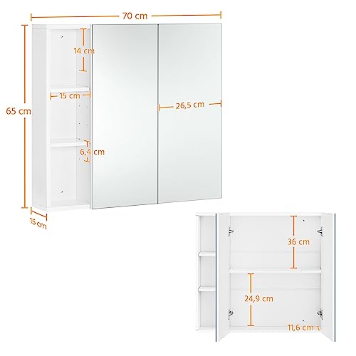 Yaheetech Armario de Baño de Pared con Espejo 70 × 15 × 65 cm 1 Estante de Altura Ajustable 2 Puertas 3 Taquillas Armario en Baño