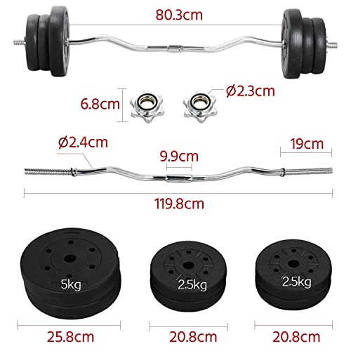 Yaheetech Juego de Mancuernas de Peso 25 kg con Barra Curl Z de 120cm Barra de Peso Musculacion con Disco de 2,5 kg/5 kg para Manillas/Brazadas/Sentadillas Gimnasio Fitness - Hierro - Negro