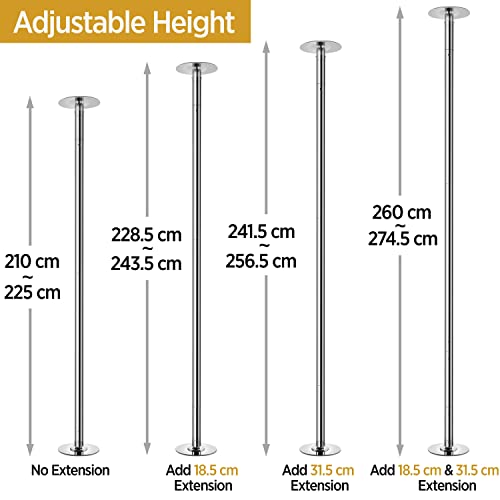 Yaheetech Juego de Palos de Baile Extraíble para Club, Casa Pole Dance Barra de Baile de Acero Inoxidable para Casa Danza Ejercicio Altura Ajustable de 225-274,5cm 200 kg de Capacidad Gris Brillo