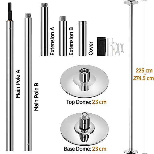 Yaheetech Juego de Palos de Baile Extraíble para Club, Casa Pole Dance Barra de Baile de Acero Inoxidable para Casa Danza Ejercicio Altura Ajustable de 225-274,5cm 200 kg de Capacidad Gris Brillo