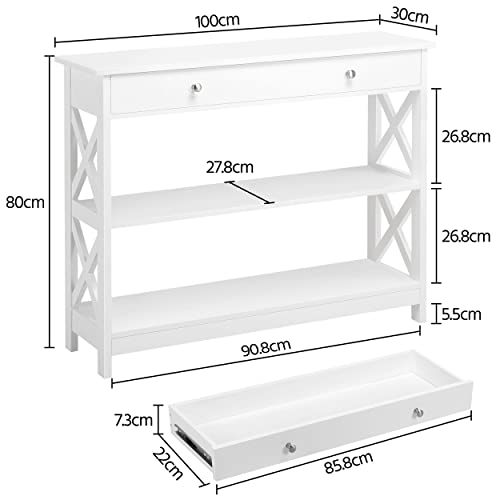 Yaheetech Mesa Consola Recibidor Mueble de Entrada Estrecha Clásica con Cajon Grande Mesa Auxiliar para Pasillo Comedor Blanco 100x30x80cm