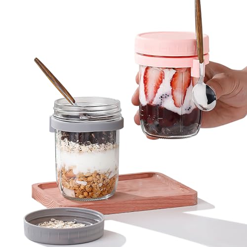 YAKLEE 2 Tarros de Avena con Tapas y Cucharas Overnight Oats Jar 400 ml Recipiente de Vidrio Portátil para Yogur con Marcas de Medida Tazas para Desayuno/Vaso de Cristal para Cereales/Leche/Fruta