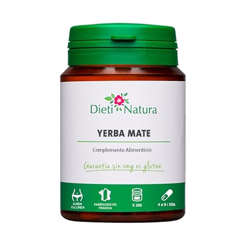 Yerba Mate 200 cápsulas de Dieti Natura. Ayuda a la pérdida de peso [Fabricado en Francia][Garantía Sin OGM ni Gluten] (Bote de 200 cápsulas)