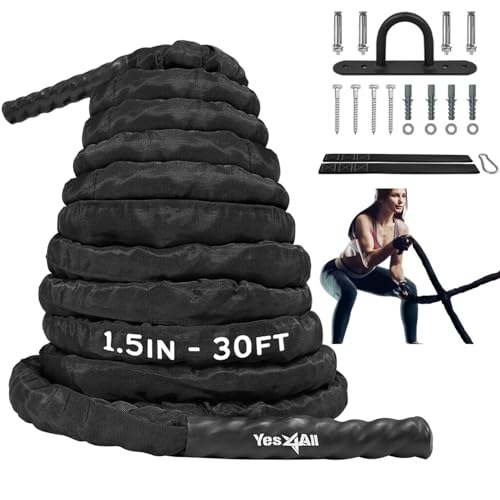 Yes4All Cuerda de entrenamiento para ejercicios de batalla con cubierta protectora, anclaje de acero y correa incluida, 38 mm/50 mm de diámetro, Poly Dacron, 9 m, 12 m, 15 m de longitud (38 mm - 9 m)