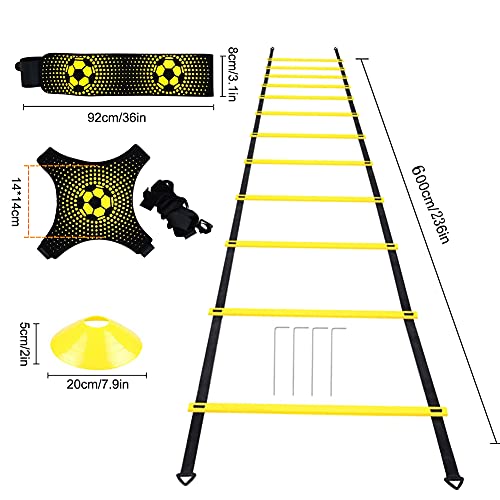 YGORTECH Juego de entrenamiento de agilidad de velocidad de fútbol, escalera de agilidad, 12 conos deportivos y entrenador de patadas de fútbol, equipo de entrenamiento de fútbol para niños y adultos