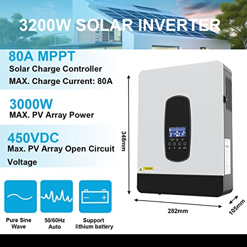 Y&H Inversor Hibrido 24v 3200W DC a 220V/230V AC con 80A MPPT Controlador de Carga Solar, Cargador de Bateria, Todo en Uno Inversor de Onda Senoidal Pura para Casa, RV, Camion, Off-Grid