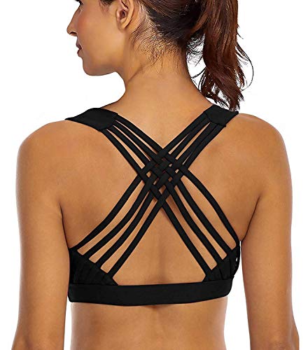 YIANNA Sujetador Deportivo Mujer sin Aros con Relleno Yoga Top Sports Bra Bralette Sujetadores Deportivos Negro, 147 - Size L