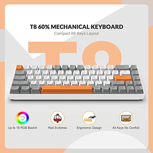 YINDIAO ZIYOULANG T8 60% Teclado para Juegos,68 Teclas,US Layoout,Teclado Mecánico con Cable Compacto,18 Croma RGB Retroiluminado,Interruptor Rojo,Cable en Espiral USB C,para PC,Mac,PS4 -Gris Claro