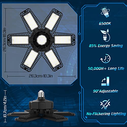 YIQIBRO 2 piezas Luces LED para Garaje 185 W, 18500 Lúmenes, 6500 K, Lámpara de Garaje con 6+1 Paneles Ajustables, E26/E27, Iluminación de Techo para Garaje, Almacén, Taller, Sótano, Gimnasio