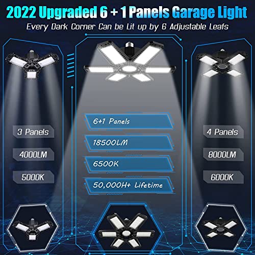 YIQIBRO 2 piezas Luces LED para Garaje 185 W, 18500 Lúmenes, 6500 K, Lámpara de Garaje con 6+1 Paneles Ajustables, E26/E27, Iluminación de Techo para Garaje, Almacén, Taller, Sótano, Gimnasio