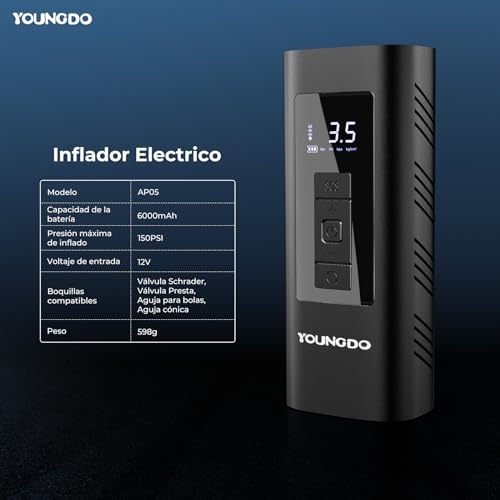 YOUNGDO Compresor Aire Portatil, 150PSI Inflador Electrico Bicicleta. 6000mAh Inflador Ruedas Coche, con luz LED y Power Bank, para Coche, Moto, Bicicleta, Pelota, Anillo de Natación