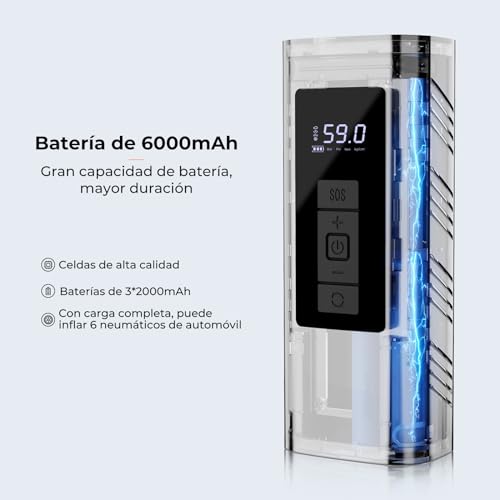 YOUNGDO Compresor Aire Portatil, 150PSI Inflador Electrico Bicicleta. 6000mAh Inflador Ruedas Coche, con luz LED y Power Bank, para Coche, Moto, Bicicleta, Pelota, Anillo de Natación