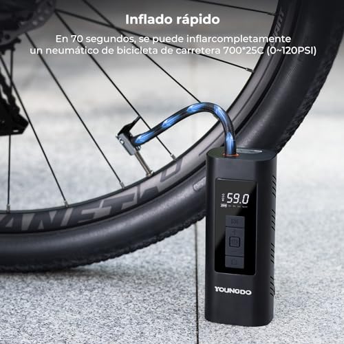 YOUNGDO Compresor Aire Portatil, 150PSI Inflador Electrico Bicicleta. 6000mAh Inflador Ruedas Coche, con luz LED y Power Bank, para Coche, Moto, Bicicleta, Pelota, Anillo de Natación