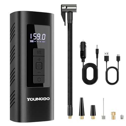 YOUNGDO Compresor Aire Portatil, 150PSI Inflador Electrico Bicicleta. 6000mAh Inflador Ruedas Coche, con luz LED y Power Bank, para Coche, Moto, Bicicleta, Pelota, Anillo de Natación