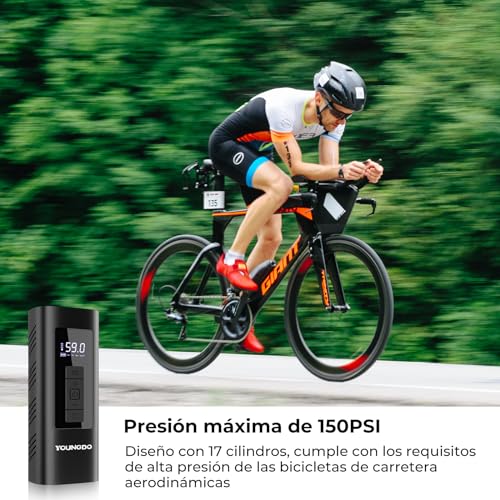 YOUNGDO Compresor Aire Portatil, 150PSI Inflador Electrico Bicicleta. 6000mAh Inflador Ruedas Coche, con luz LED y Power Bank, para Coche, Moto, Bicicleta, Pelota, Anillo de Natación