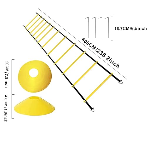 YSBER Agility Ladder - Escalera de entrenamiento de fútbol (6 M-12 peldaños, escalera de plástico pesada, 10 conos y 4 estacas, utilizada para entrenamiento de fútbol, tenis y boxeo)