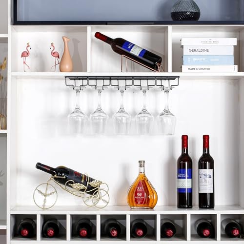 YunNasi 2 Piezas 5 Filas Soportes para Copas de Vino de Metal Organizador Mantener los Vasos Secos Debajo del Gabinete con Tornillos para Bar Restaurante Cocina, Negro